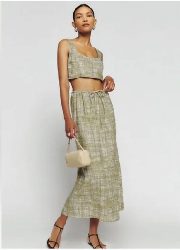Reformation Amir Two Piece Skirt Set Tan Beige 100% Linen Back Slit Size Medium
